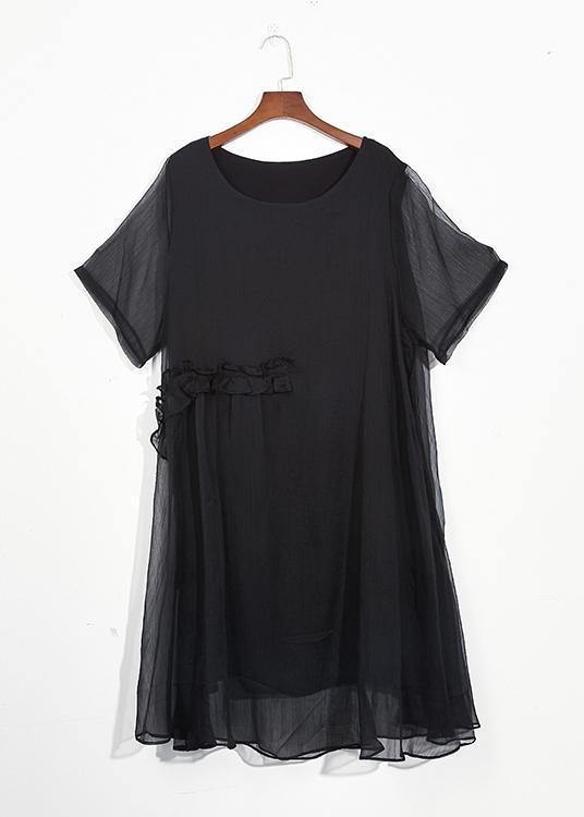 Italian black chiffon dresses Casual o neck Cinched long summer Dress - SooLinen