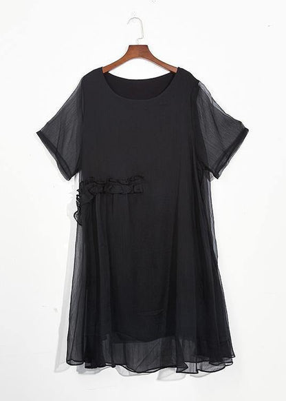Italian black chiffon dresses Casual o neck Cinched long summer Dress - SooLinen