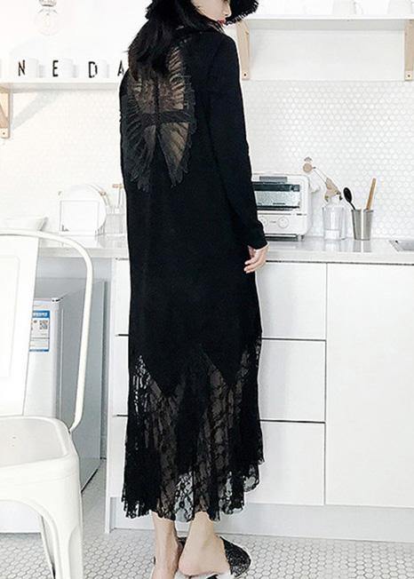 Italian black cotton dress hollow out Maxi summer patchwork Dress - SooLinen