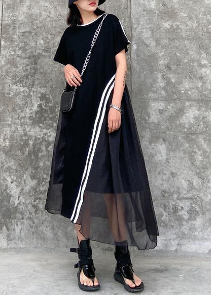 Italian black cotton dress o neck patchwork Kaftan Dresses - SooLinen