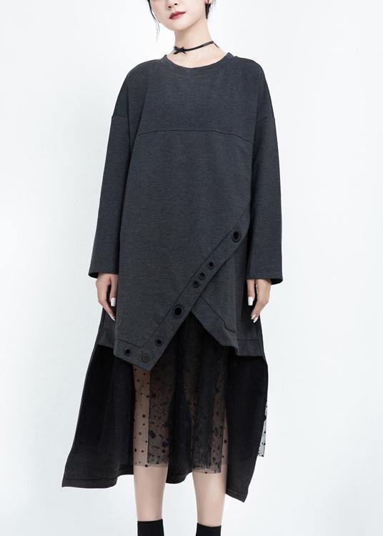 Italian black cotton dresses patchwork tulle long fall Dress - SooLinen