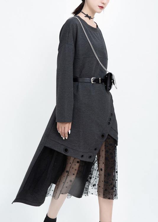 Italian black cotton dresses patchwork tulle long fall Dress - SooLinen