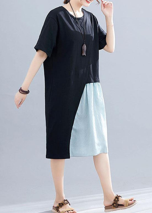 Italian black cotton linen clothes For Women patchwork o neck baggy summer Dresses - SooLinen