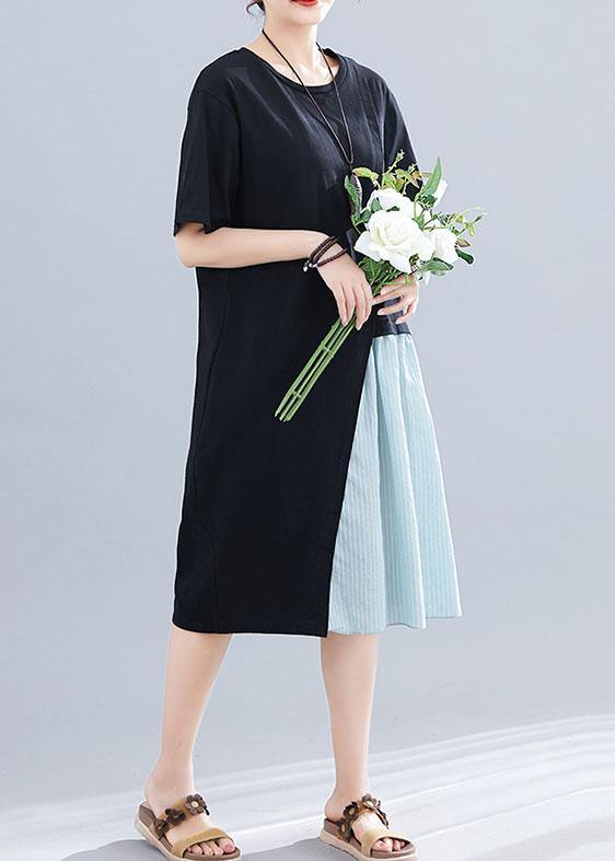 Italian black cotton linen clothes For Women patchwork o neck baggy summer Dresses - SooLinen