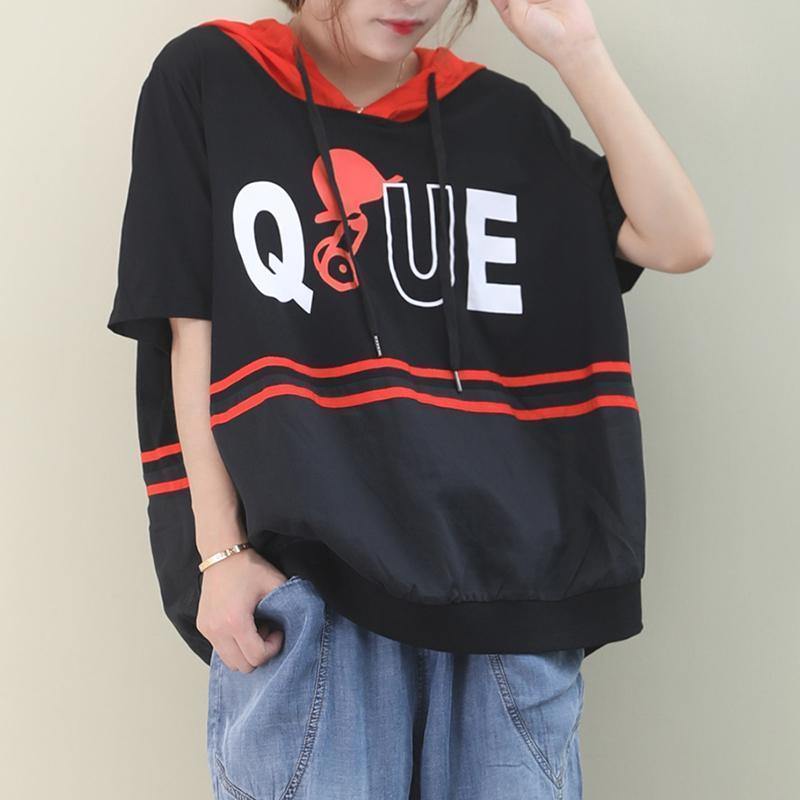 Italian black cotton shirts women hooded half sleeve Dresses summer - SooLinen