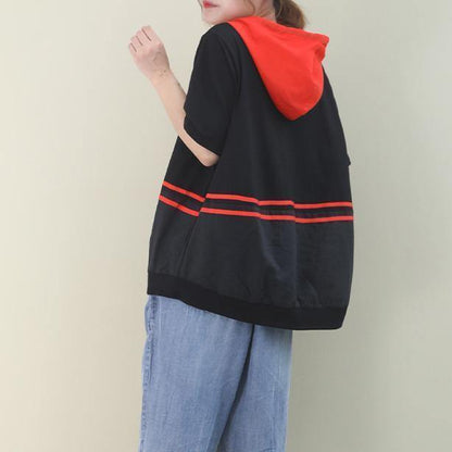 Italian black cotton shirts women hooded half sleeve Dresses summer - SooLinen