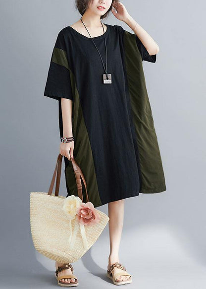 Italian black cotton tunics for women o neck patchwork Maxi summer Dresses - SooLinen