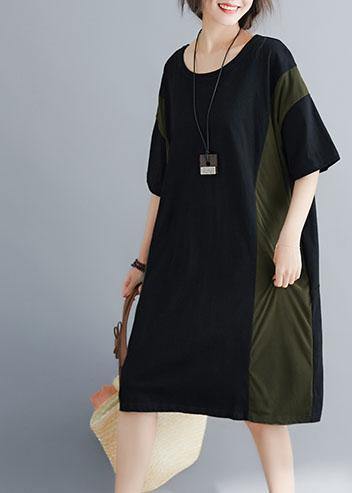 Italian black cotton tunics for women o neck patchwork Maxi summer Dresses - SooLinen