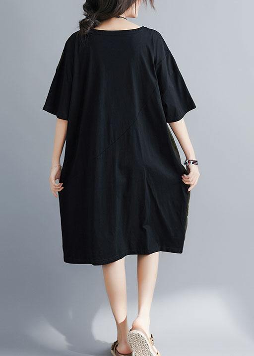 Italian black cotton tunics for women o neck patchwork Maxi summer Dresses - SooLinen