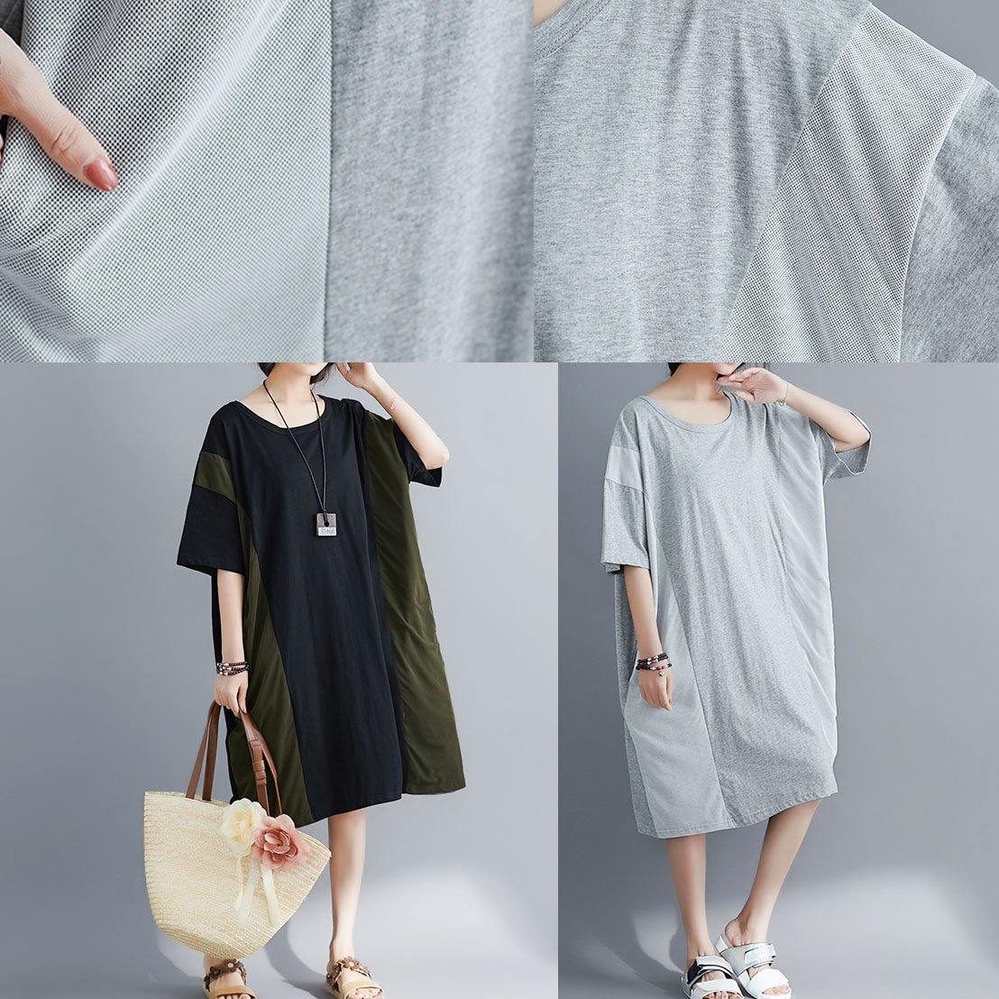Italian black cotton tunics for women o neck patchwork Maxi summer Dresses - SooLinen