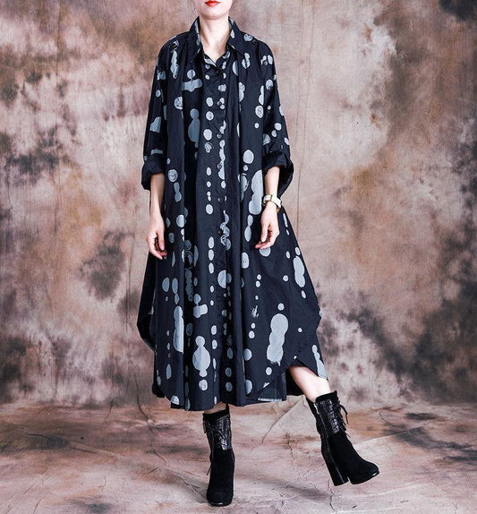 Italian black dotted quilting dresses lapel asymmetric Kaftan fall Dresses - SooLinen