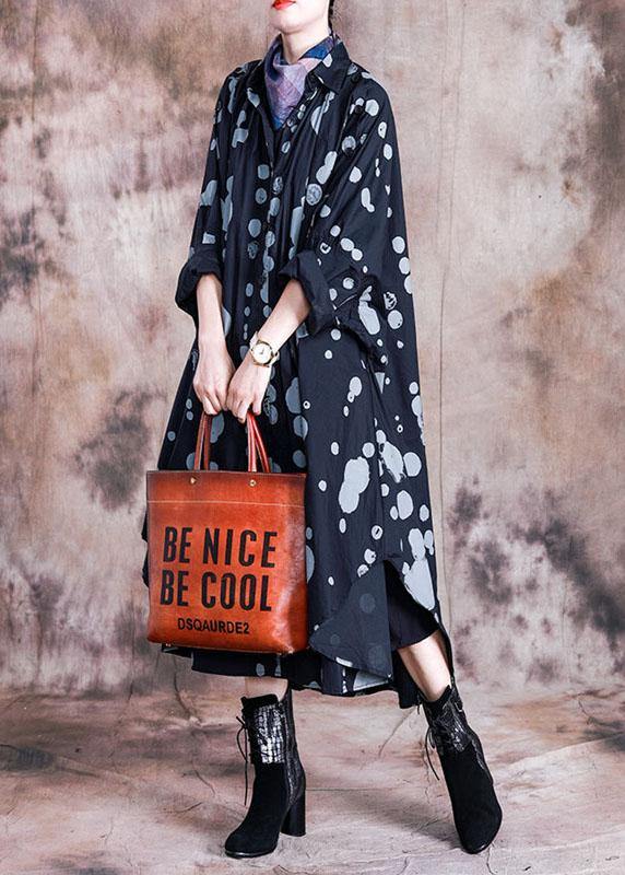 Italian black dotted quilting dresses lapel asymmetric Kaftan fall Dresses - SooLinen