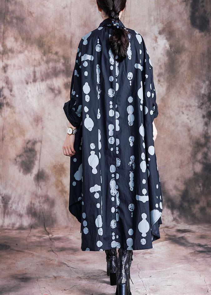 Italian black dotted quilting dresses lapel asymmetric Kaftan fall Dresses - SooLinen