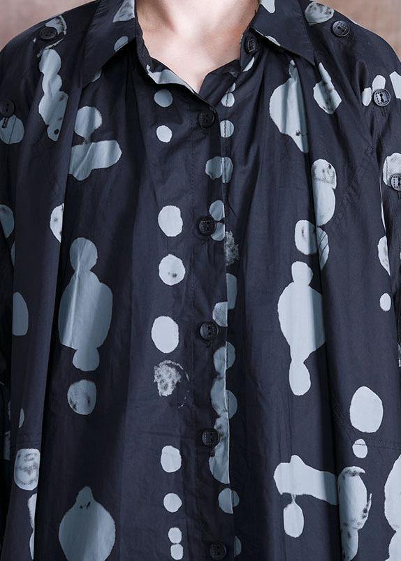 Italian black dotted quilting dresses lapel asymmetric Kaftan fall Dresses - SooLinen