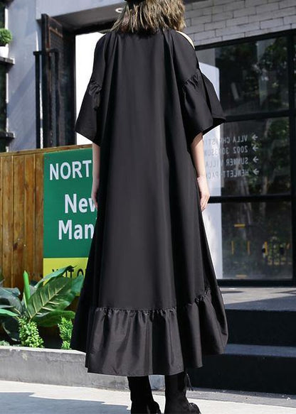 Italian black hollow out cotton quilting dresses asymmetric hem Traveling summer patchwork Dress - SooLinen