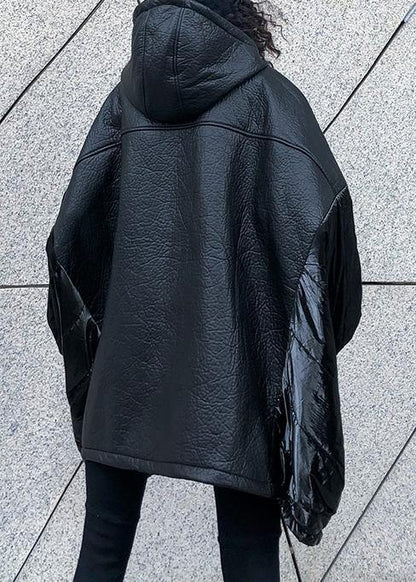 Italian black linen cotton shirts women Inspiration hooded Batwing Sleeve fall top - SooLinen