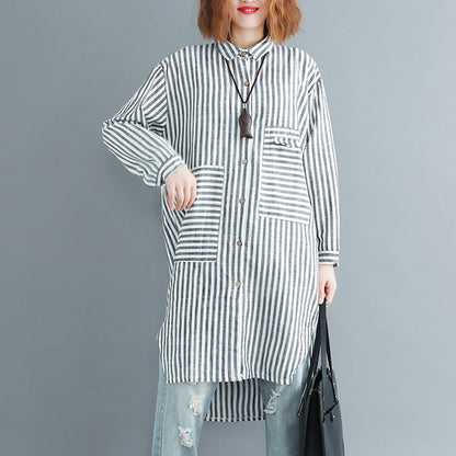 Italian black white striped linen clothes For Women plus size Shape side open Dresses spring Dress