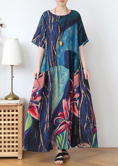 Italian blue print linen clothes o neck exra large hem Dresses summer Dress - SooLinen