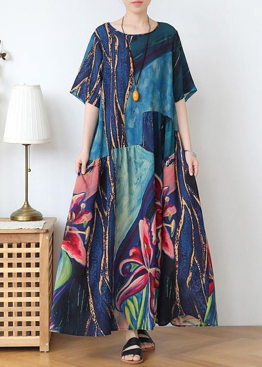 Italian blue print linen clothes o neck exra large hem Dresses summer Dress - SooLinen