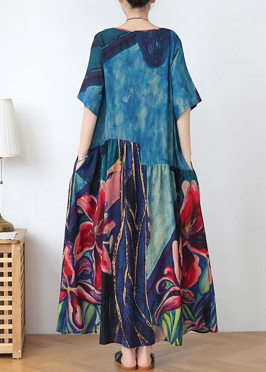 Italian blue print linen clothes o neck exra large hem Dresses summer Dress - SooLinen