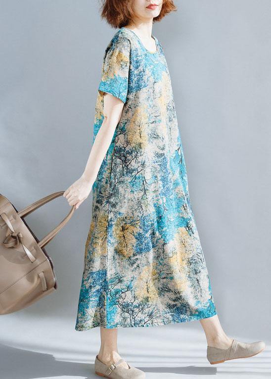 Italian blue prints linen Robes short sleeve Dresses summer Dresses - SooLinen