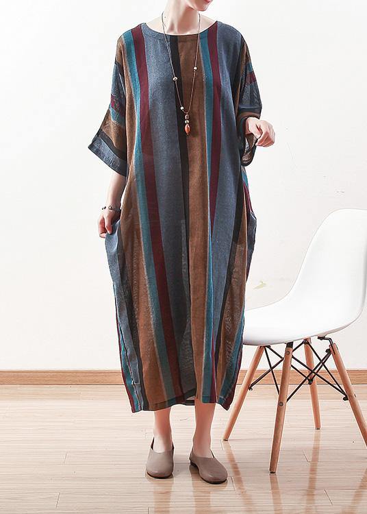 Italian blue striped linen cotton Robes o neck Batwing Sleeve Art spring Dresses - SooLinen