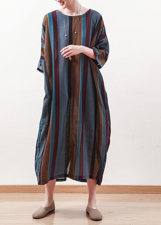 Italian blue striped linen cotton Robes o neck Batwing Sleeve Art spring Dresses - SooLinen