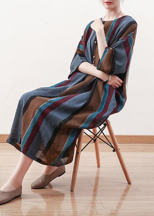 Italian blue striped linen cotton Robes o neck Batwing Sleeve Art spring Dresses - SooLinen
