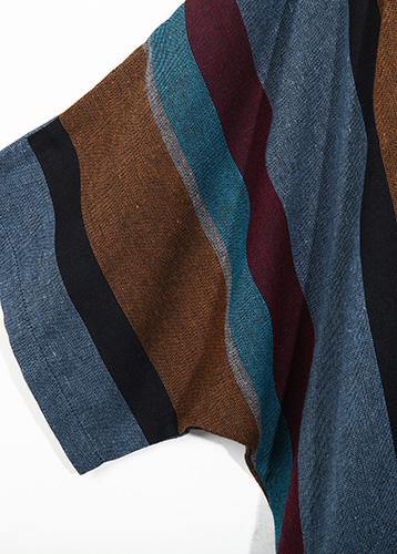 Italian blue striped linen cotton Robes o neck Batwing Sleeve Art spring Dresses - SooLinen