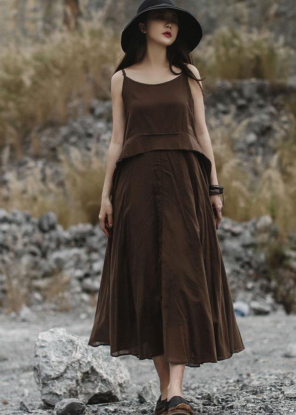 Italian brown linen clothes sleeveless long summer Dresses - SooLinen