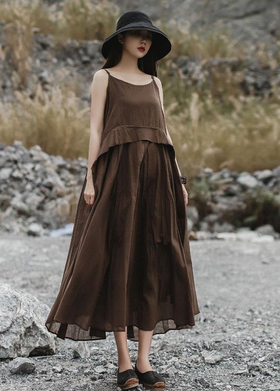Italian brown linen clothes sleeveless long summer Dresses - SooLinen