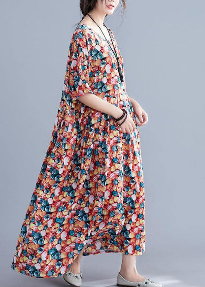 Italian floral cotton Robes o neck Cinched Maxi summer Dress - SooLinen