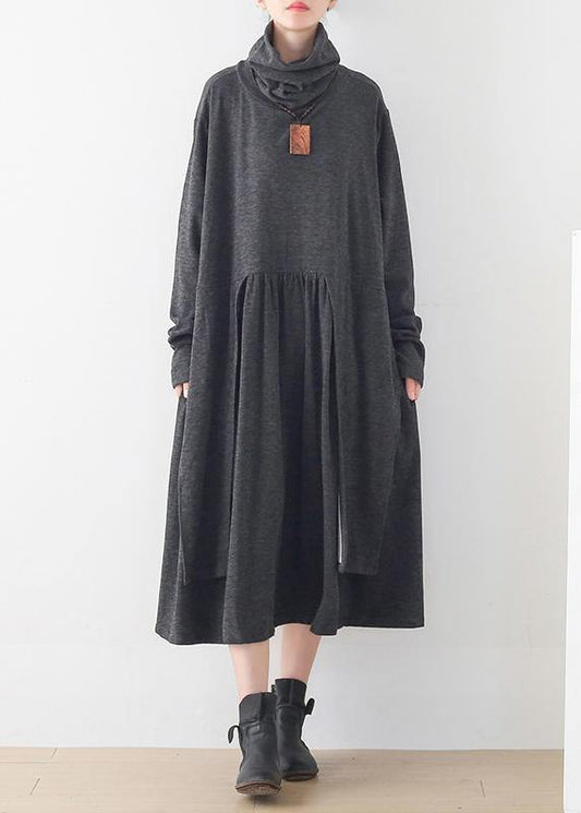 Italian gray Tunics high neck asymmetric long Dresses - SooLinen