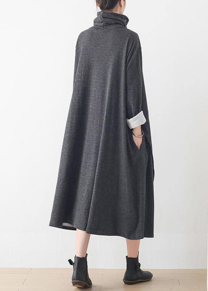 Italian gray Tunics high neck asymmetric long Dresses - SooLinen