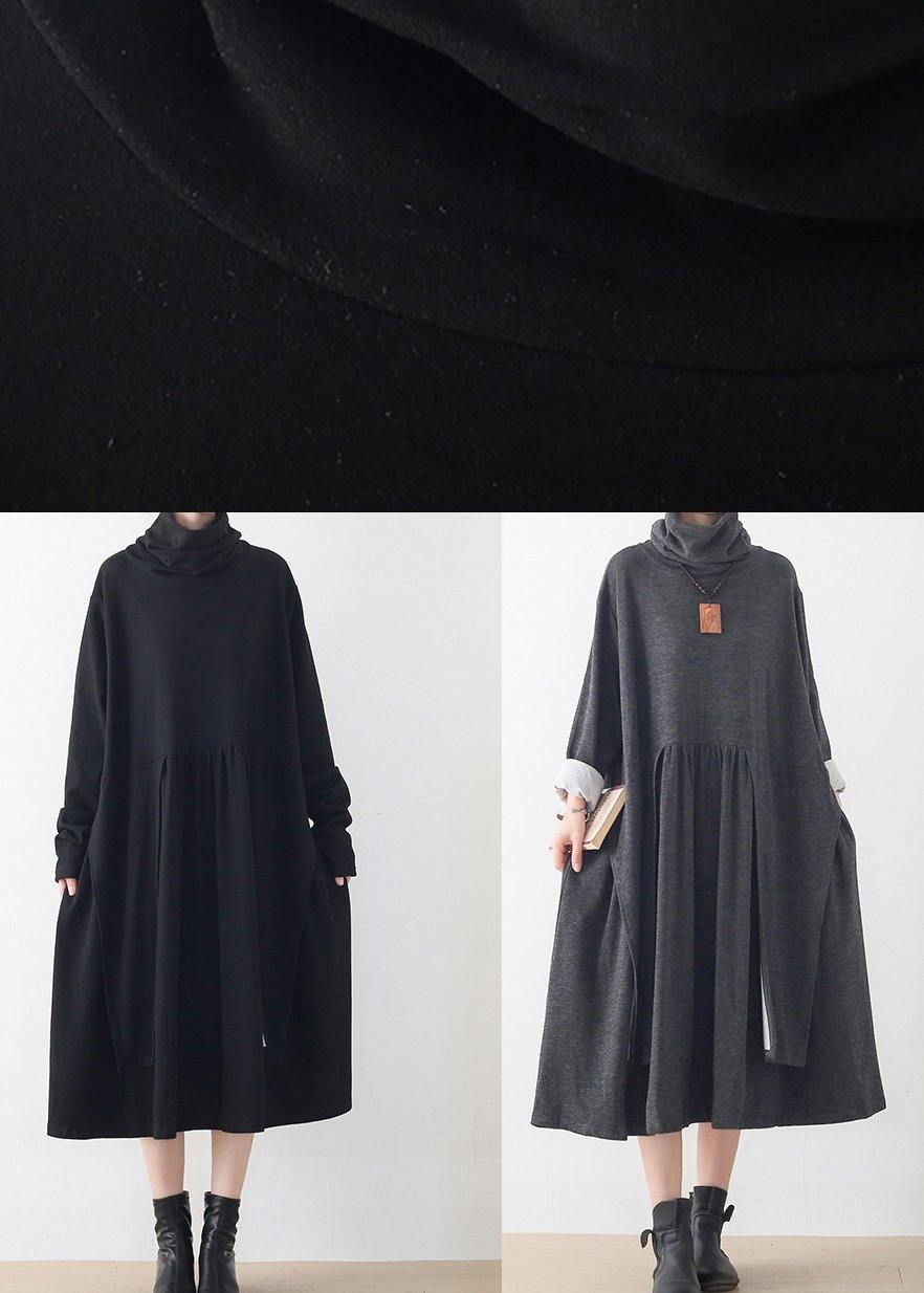 Italian gray Tunics high neck asymmetric long Dresses - SooLinen