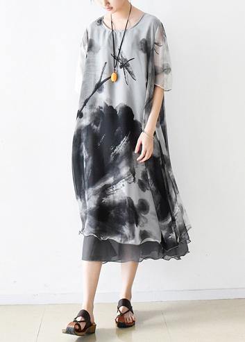 Italian gray print chiffon clothes For Women plus size Fashion Ideas o neck pockets Summer Dress - SooLinen
