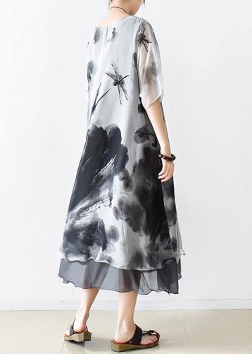 Italian gray print chiffon clothes For Women plus size Fashion Ideas o neck pockets Summer Dress - SooLinen