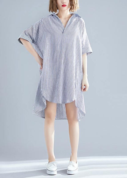 Italian gray striped linen dress Vintage Photography lapel asymmetric Midi Summer Dresses - SooLinen