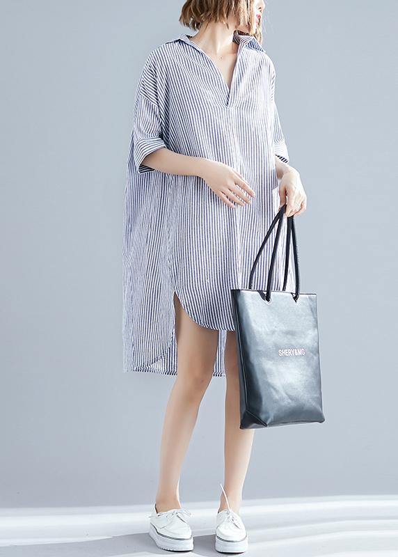 Italian gray striped linen dress Vintage Photography lapel asymmetric Midi Summer Dresses - SooLinen