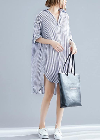 Italian gray striped linen dress Vintage Photography lapel asymmetric Midi Summer Dresses - SooLinen