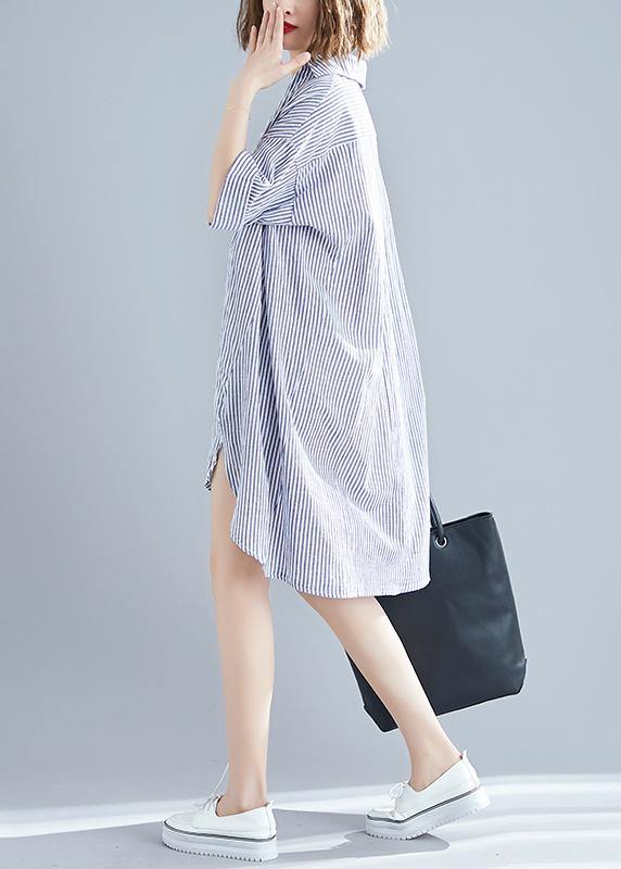 Italian gray striped linen dress Vintage Photography lapel asymmetric Midi Summer Dresses - SooLinen