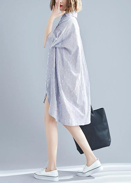 Italian gray striped linen dress Vintage Photography lapel asymmetric Midi Summer Dresses - SooLinen