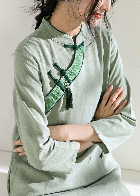 Italian green cotton Wardrobes o neck embroidery daily Dresses - SooLinen