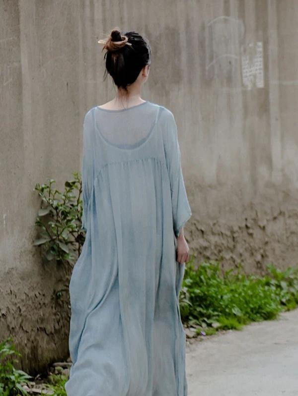 Italian green quilting dresses o neck large hem Traveling Dresses - SooLinen