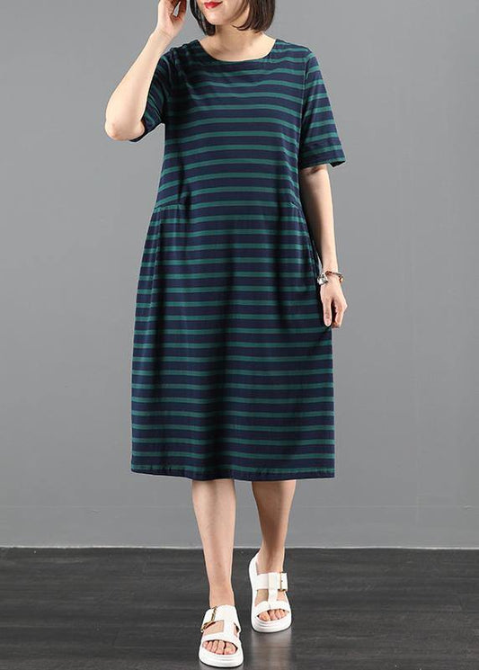 Italian green striped outfit o neck Cinched A Line summer Dresses - SooLinen