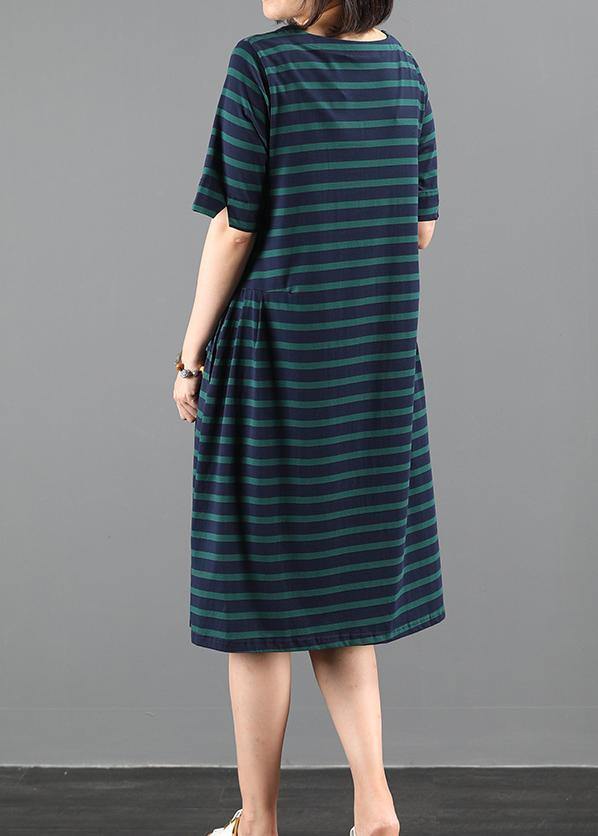 Italian green striped outfit o neck Cinched A Line summer Dresses - SooLinen