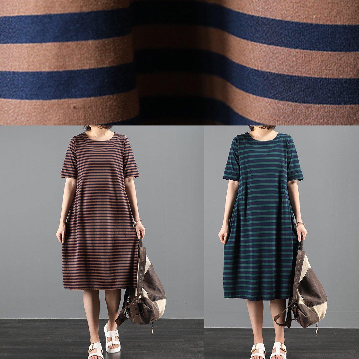 Italian green striped outfit o neck Cinched A Line summer Dresses - SooLinen