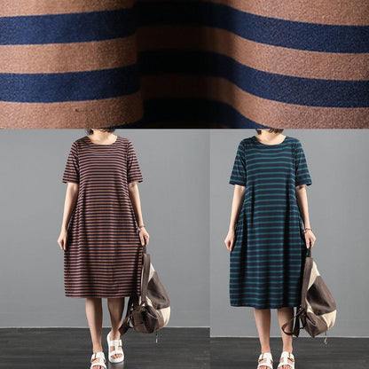 Italian green striped outfit o neck Cinched A Line summer Dresses - SooLinen