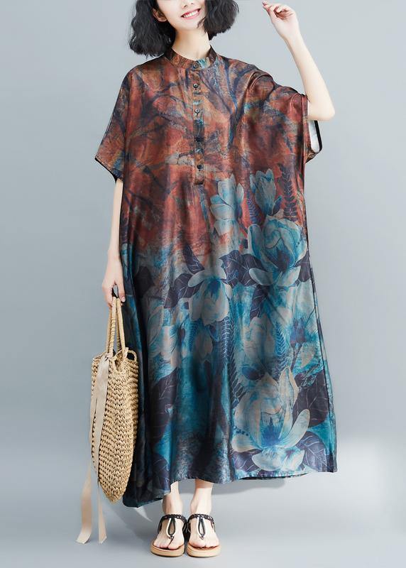 Italian khaki print Tunic stand collar long summer Dresses - SooLinen