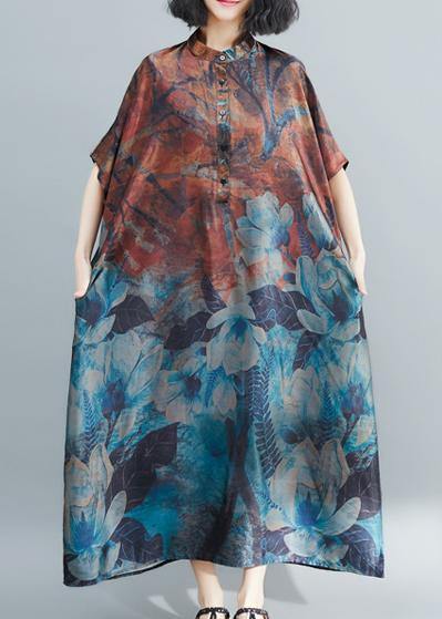 Italian khaki print Tunic stand collar long summer Dresses - SooLinen